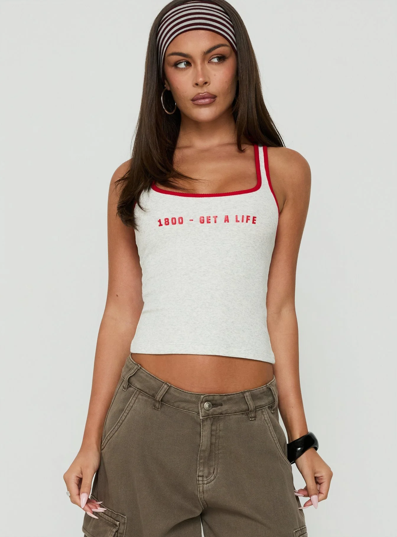 1800 Get A Life Graphic Racer Back Tank Grey / Red