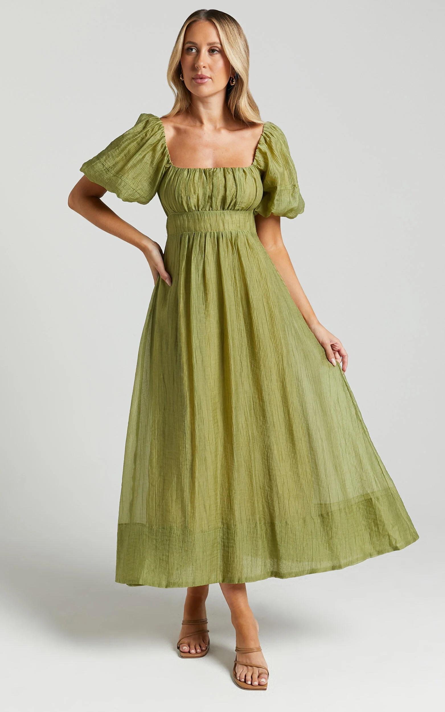 Roshina Midi Dress - Straight Neck Puff Sleeve Dress in Olive
