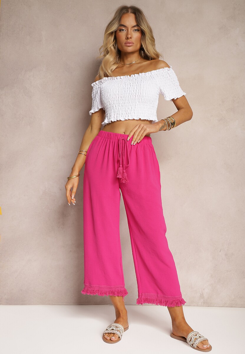 Fuksjowe Szerokie Spodnie High Waist z Gumką w Pasie Jolfea