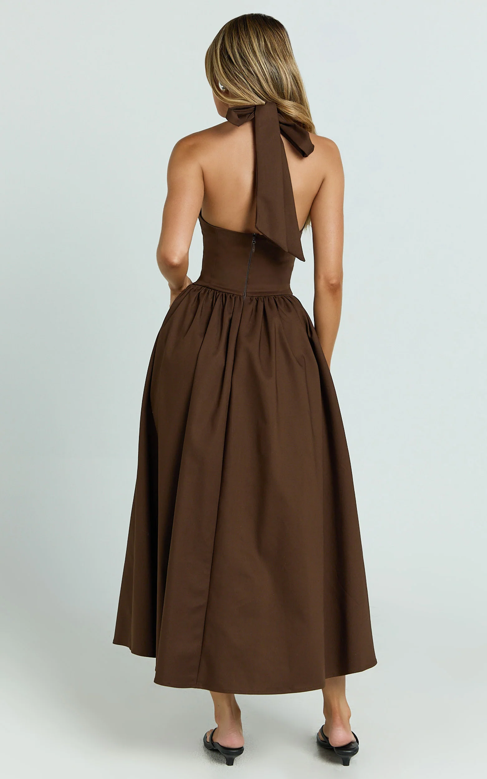 Helda Midi Dress - Halter Tie Neck Corset Panel Dress in Chocolate