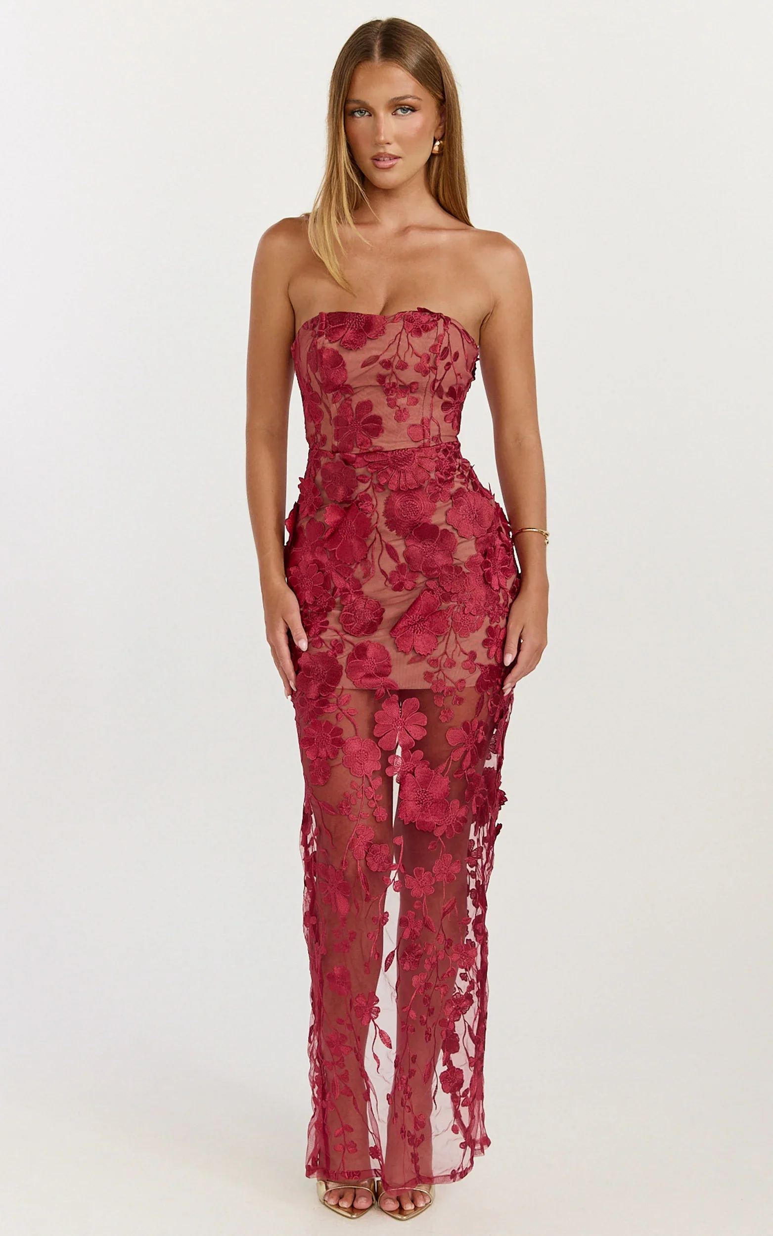 Sienna Maxi Dress - 3D Floral Strapless Column Dress in Wine