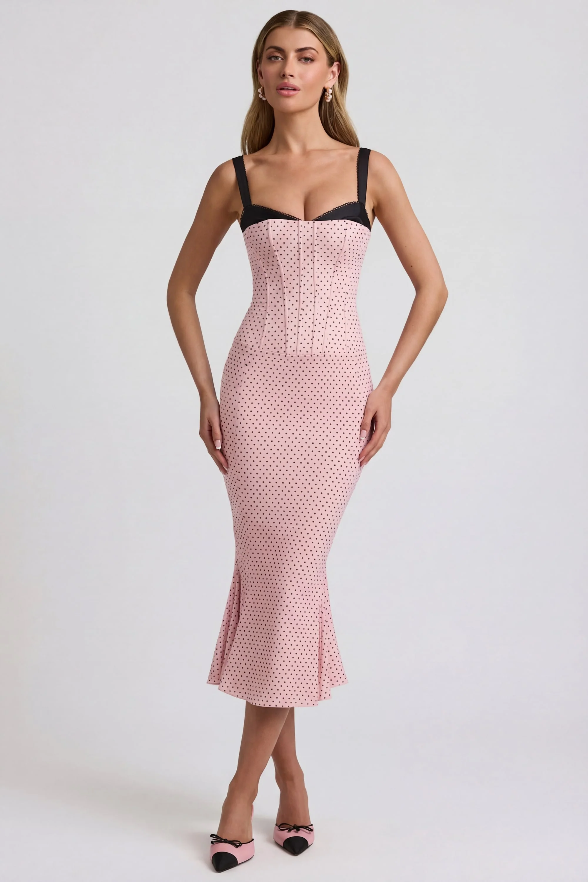 Layered Bra-Detail Fishtail Midaxi Dress in Pink Polka Dot