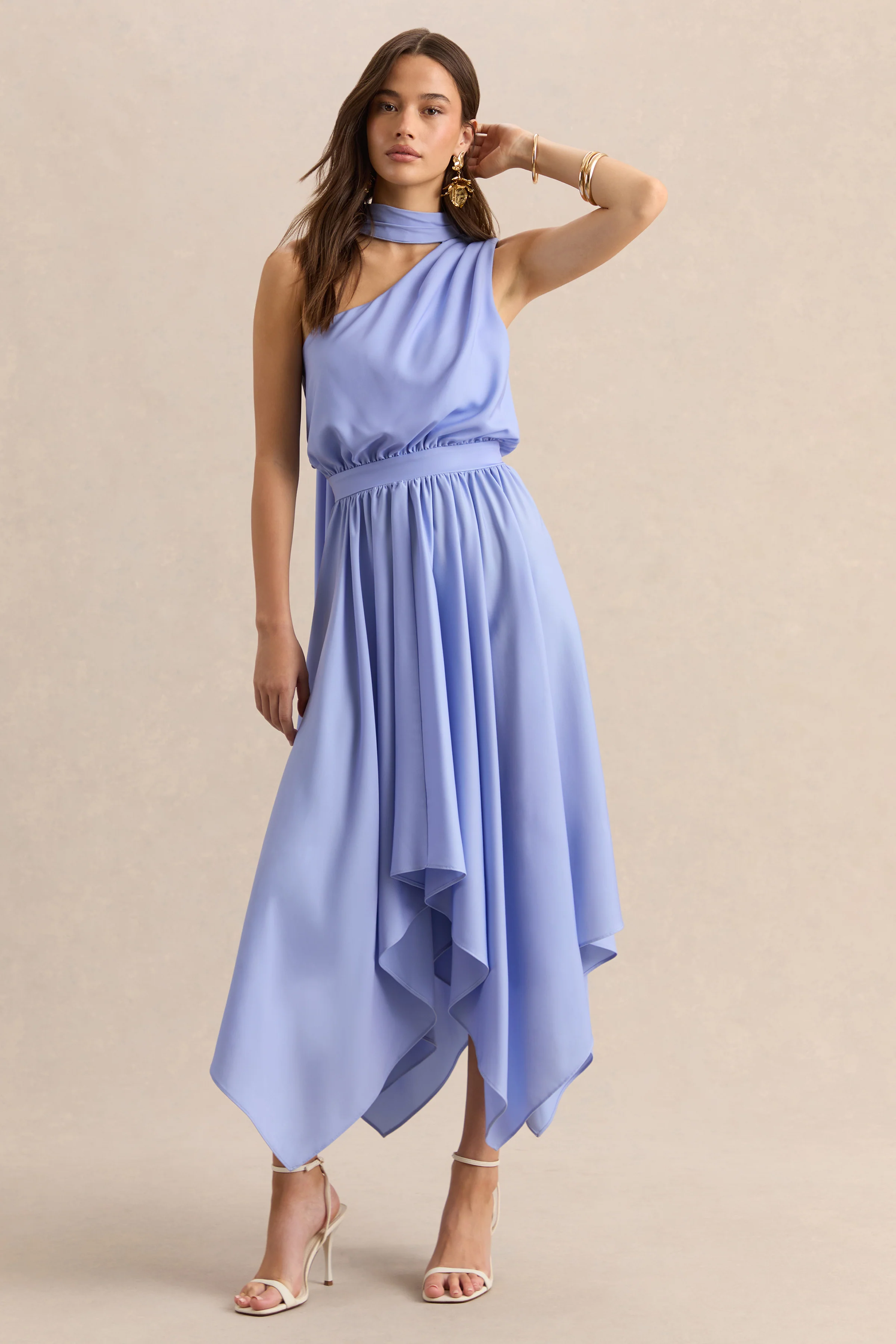 Caluna | Powder Blue Satin Asymmetric-Neck Midi Dress With Scarf-Detail