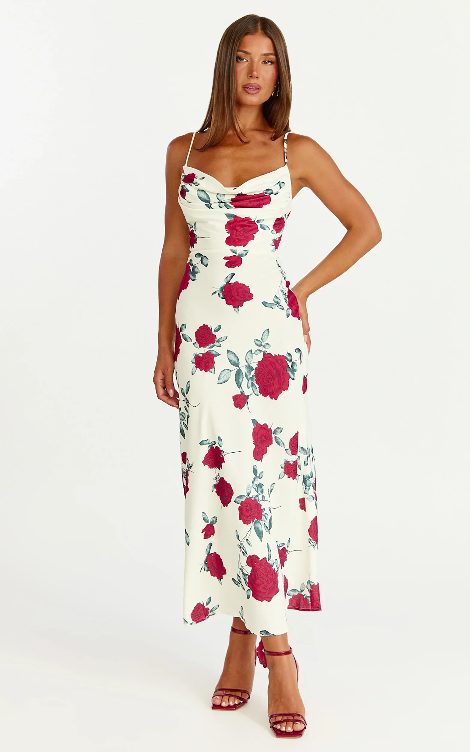 Dahlia Midi Dress - Cowl Neck A Line Dress in Scarlet Rose Print