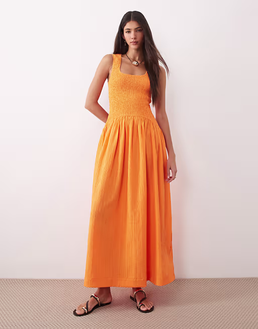 crinkle scoop neck maxi sundress with shirred waist in vibrant orange