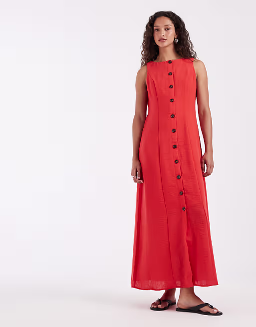 Vero Moda linen look button front maxi dress in poppy red