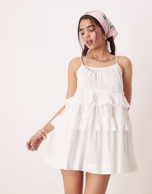ruffle tiered mini sundress in white