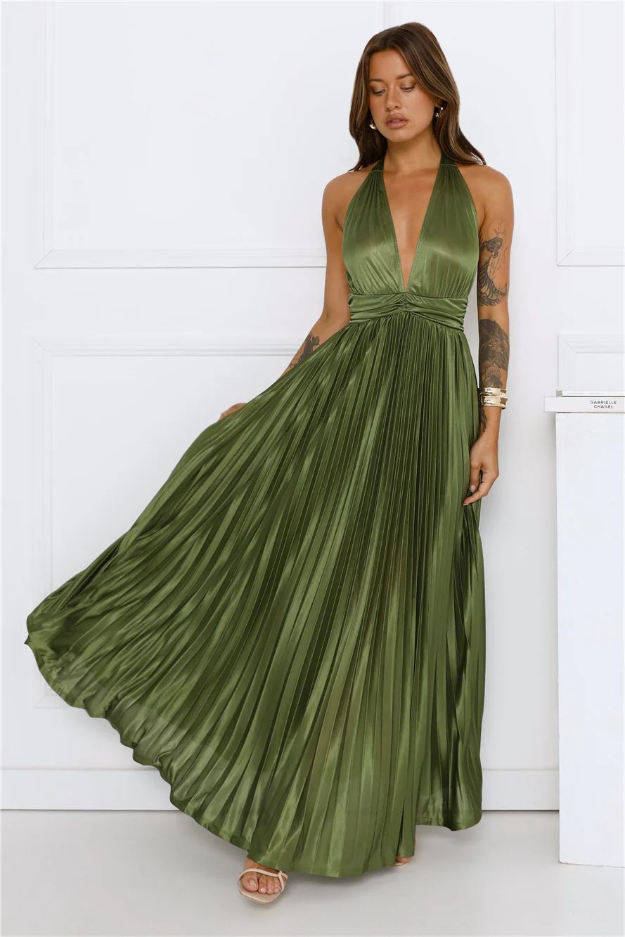 Shimmering Sea Pleated Halter Maxi Dress Olive