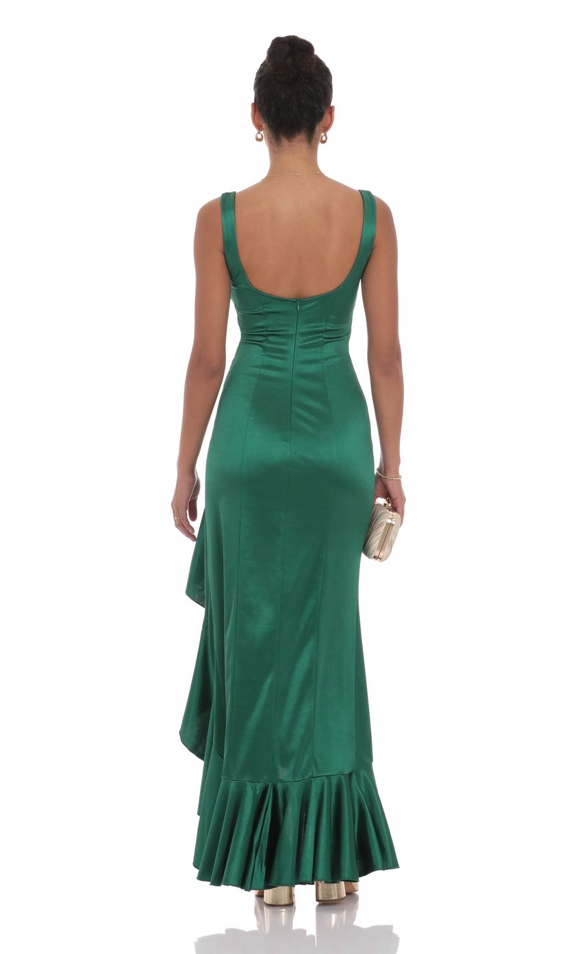 Satin Ruched Ruffle Slit Maxi Dress in Green