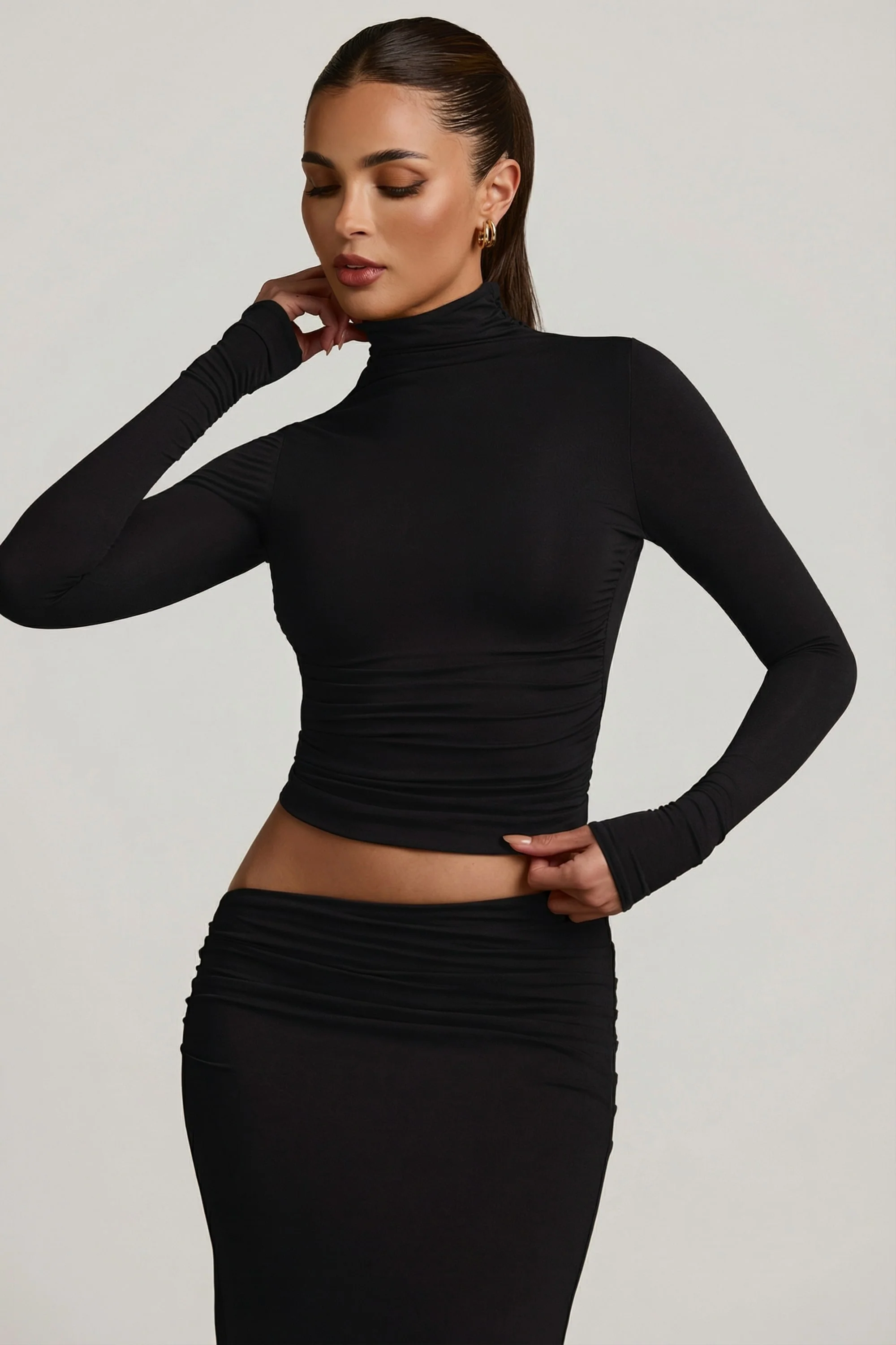 Modal Ruched Backless Turtleneck Top in Black