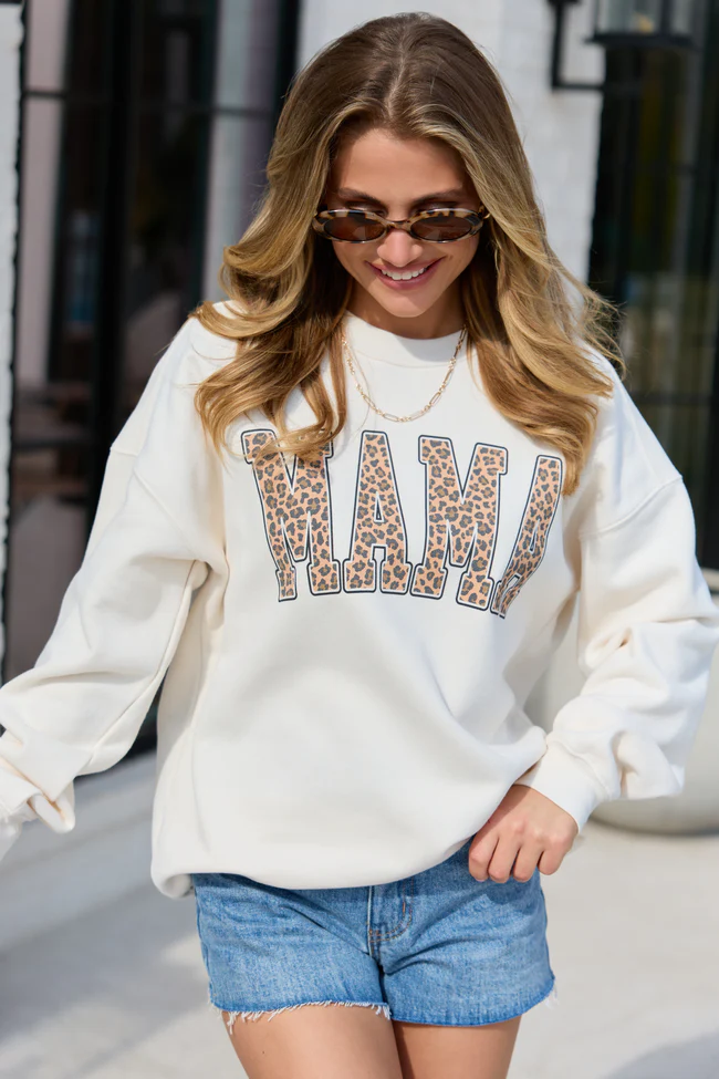 Mama Leopard Block Cream Graphic Sweatshirt