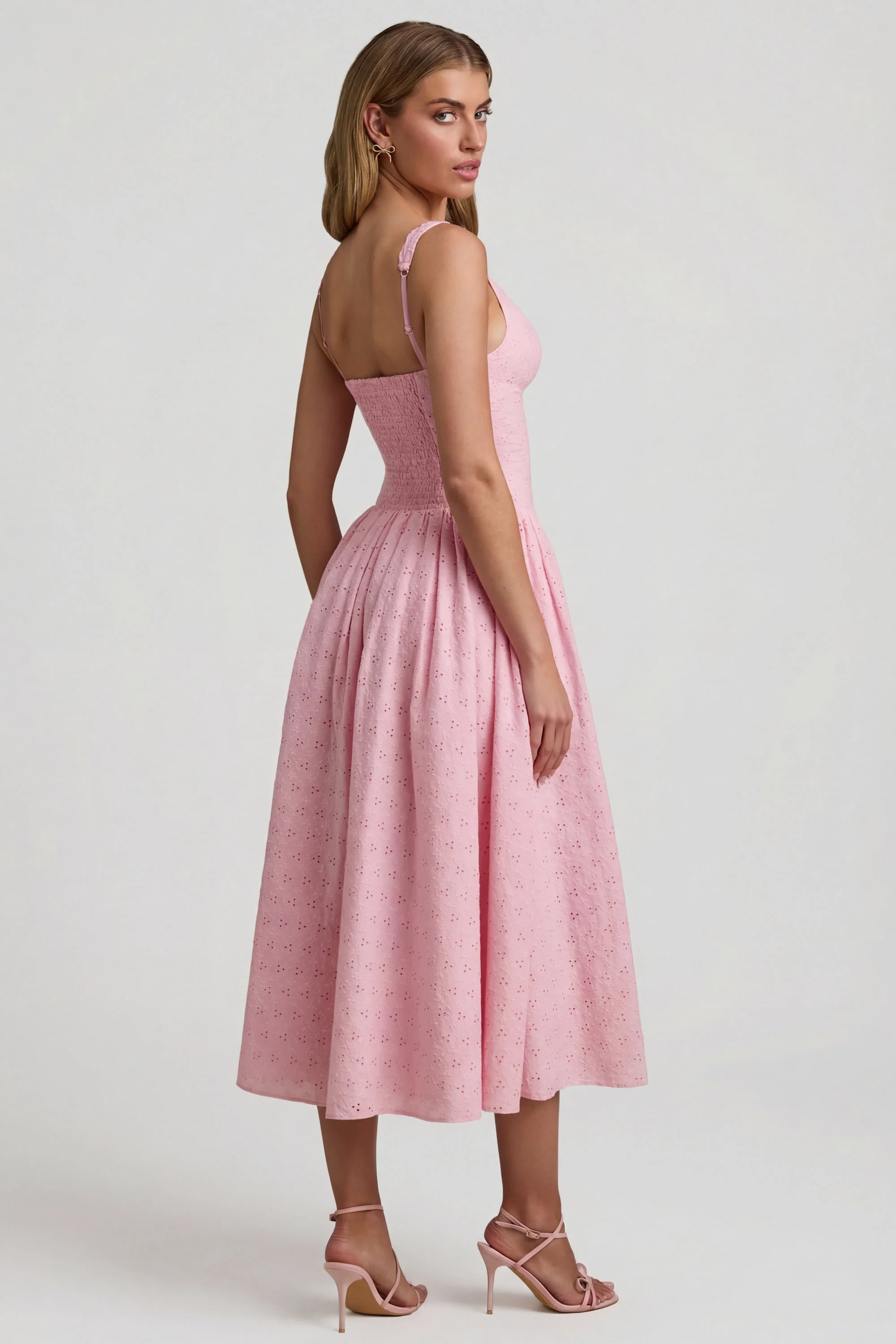 Broderie Anglaise Bow-Detail A-Line Midaxi Dress in Soft Pink