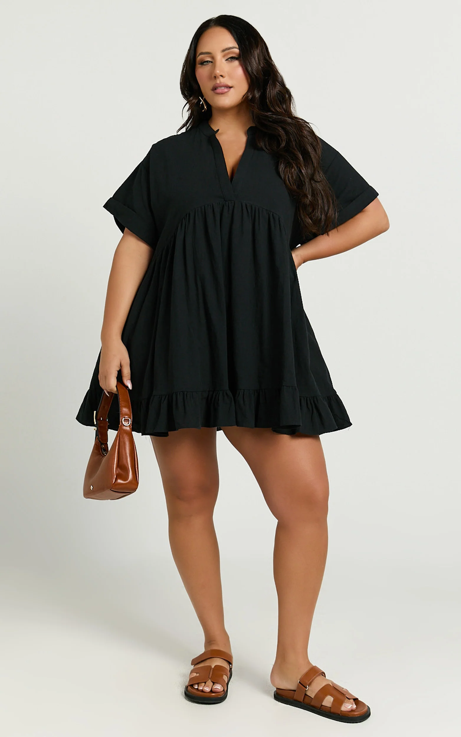 Calissa Mini Dress - Frill Hem Smock Dress in Black