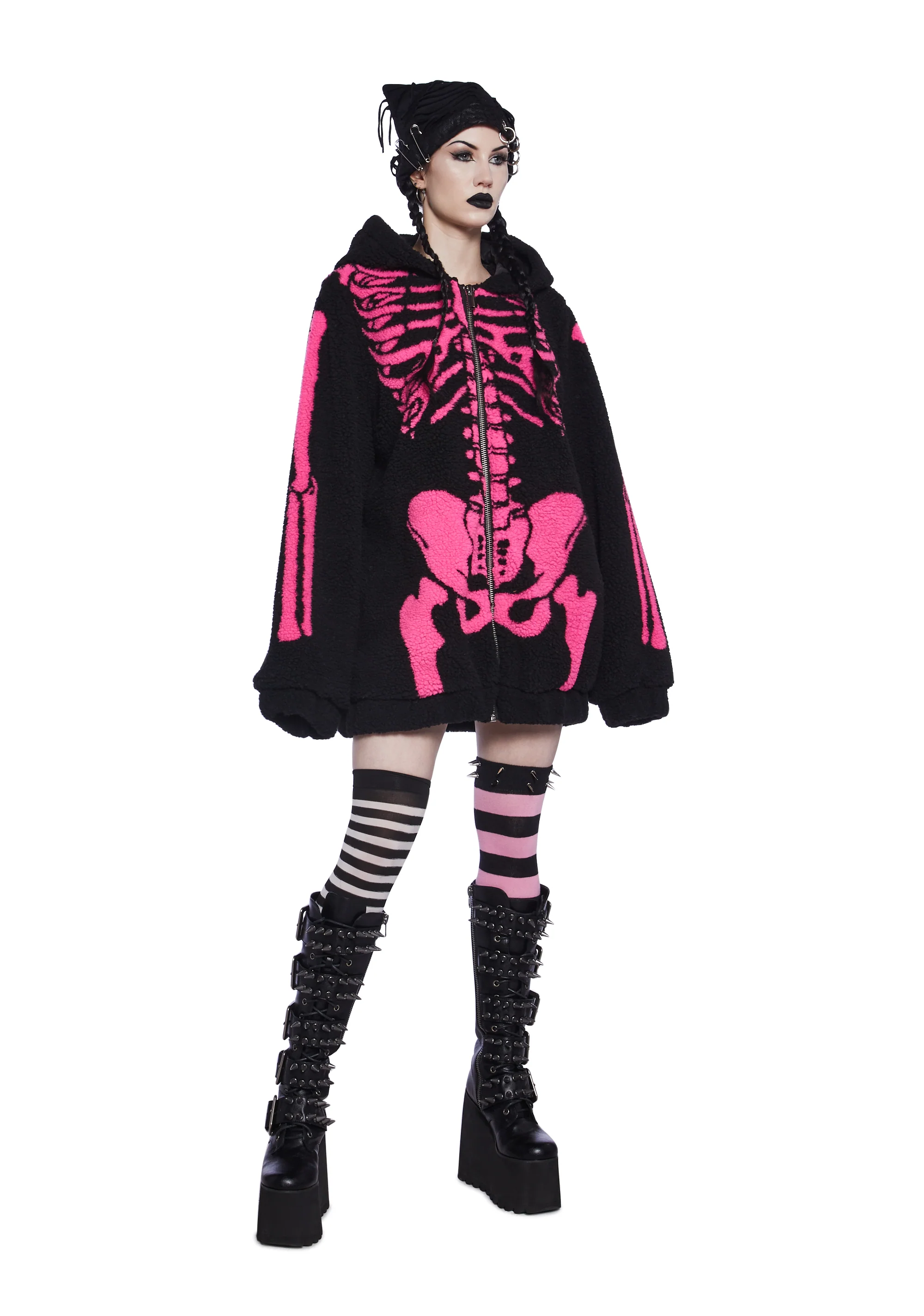 Baring It All Skeleton Hooded Sherpa Jacket - Pink