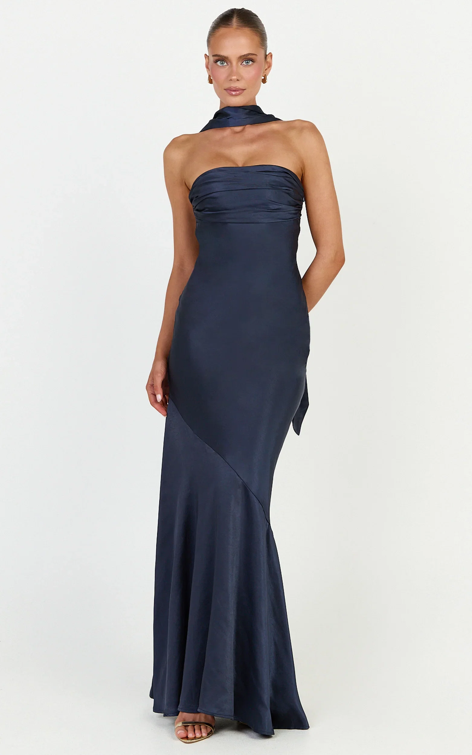 Odette Maxi Dress - Strapless Slip Dress With Neck Scarf in Navy