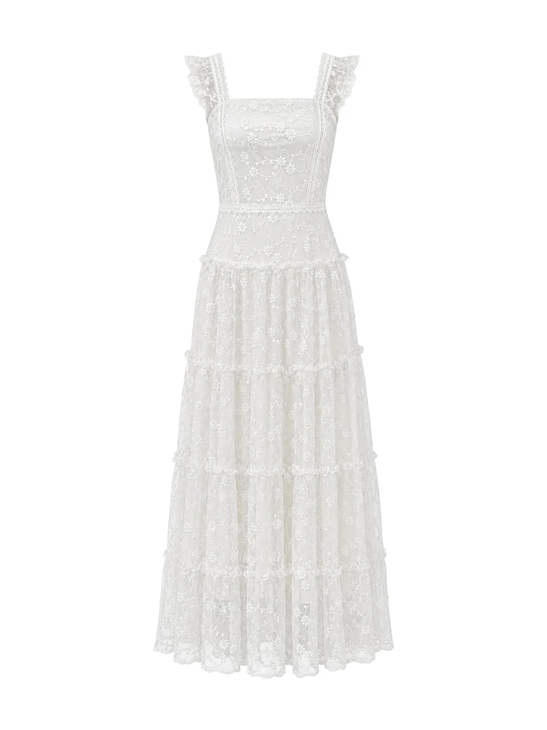 Tiered Vertical Lace Maxi Dress with Square Neckline
