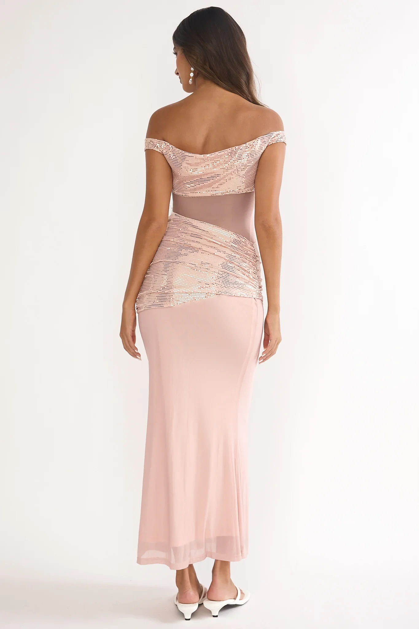 Bellora Off-Shoulder Sequin Trim Maxi Dress Nude