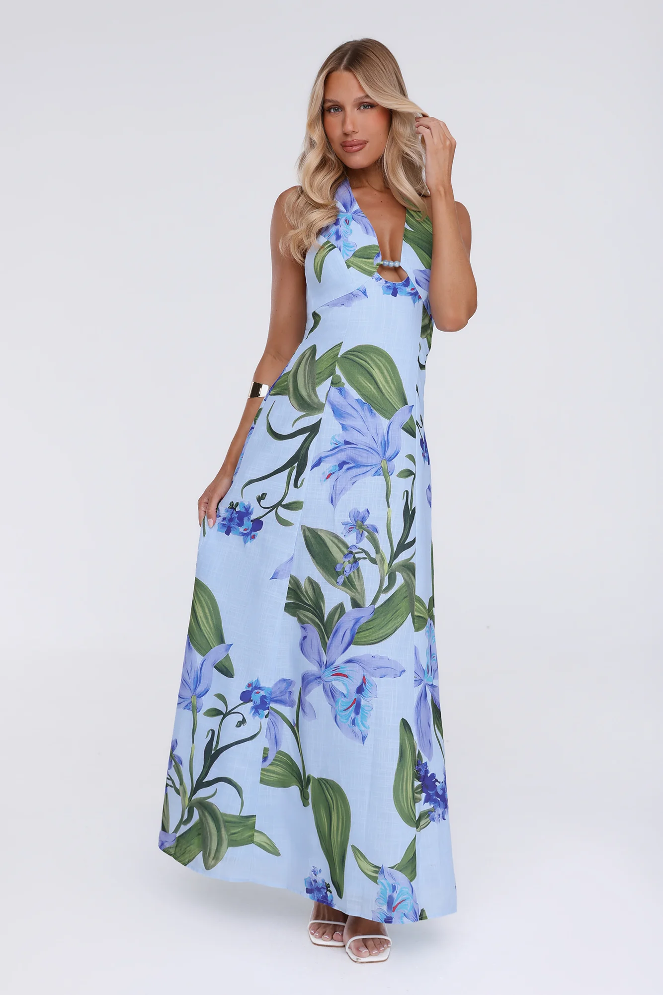 Fleur Flicker Halter Maxi Dress Blue