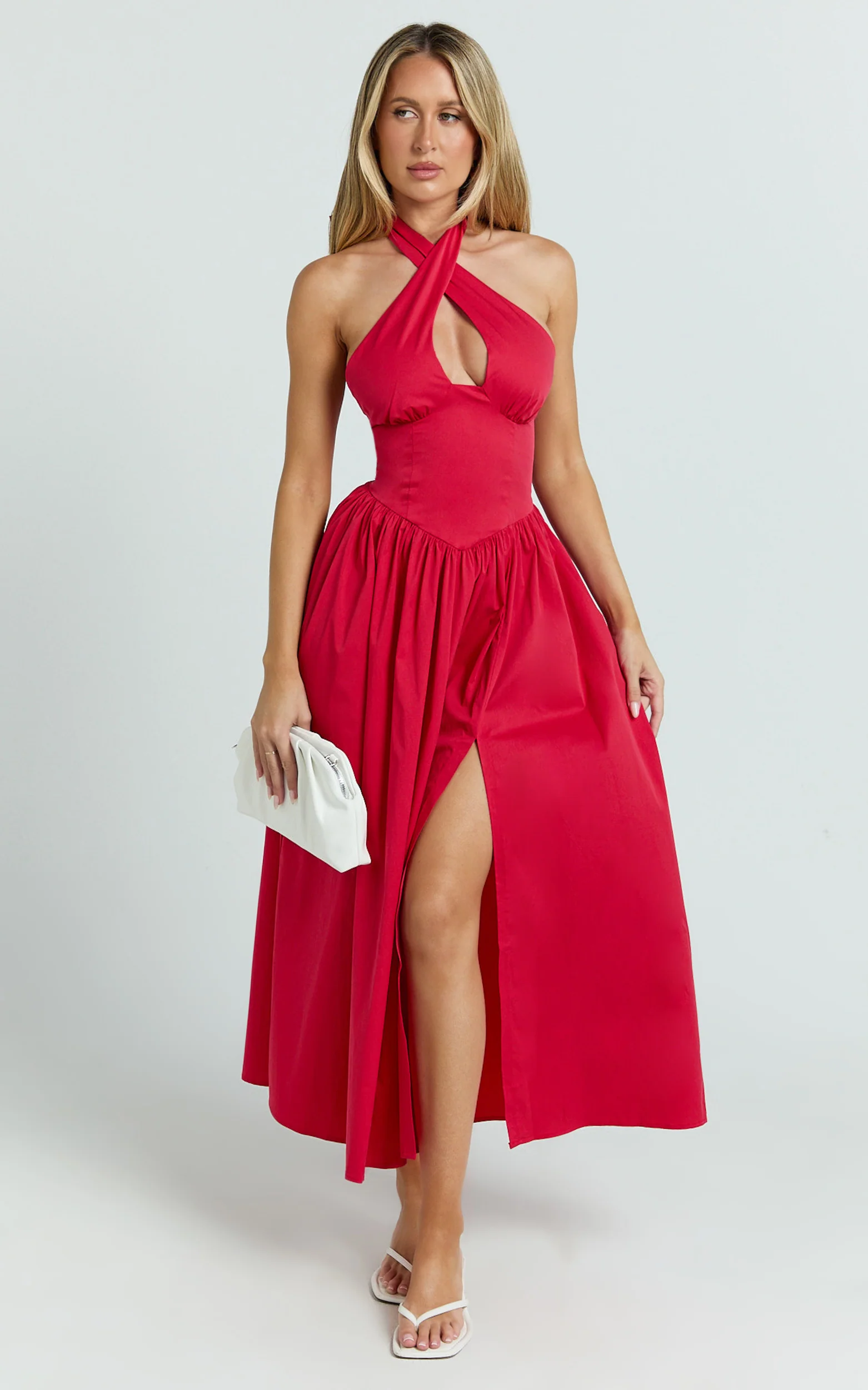 Belle Midi Dress - Keyhole Halter With V Yoke Dress in Red