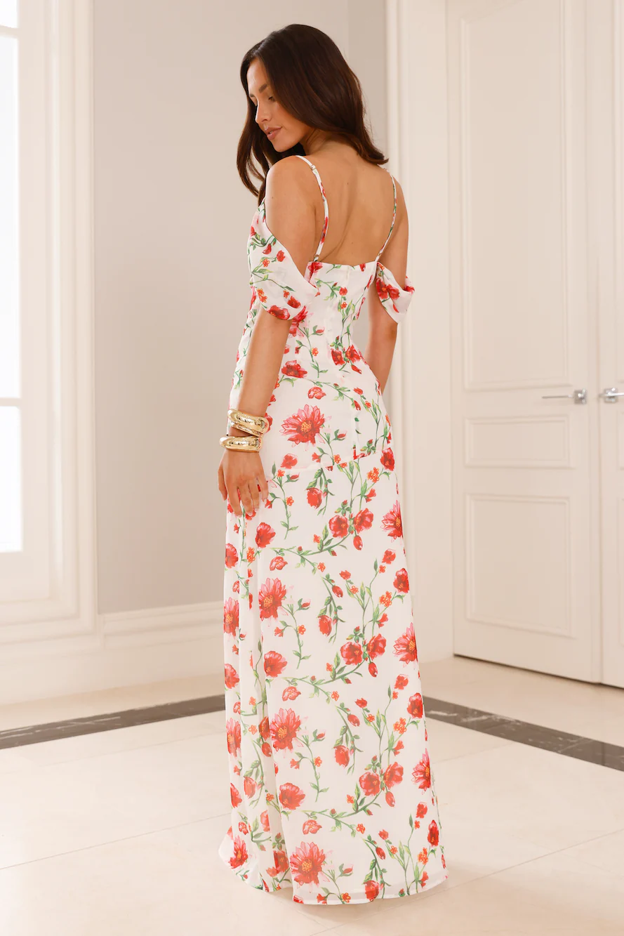 Rose Reverie Off Shoulder Maxi Dress White - luluinthesky
