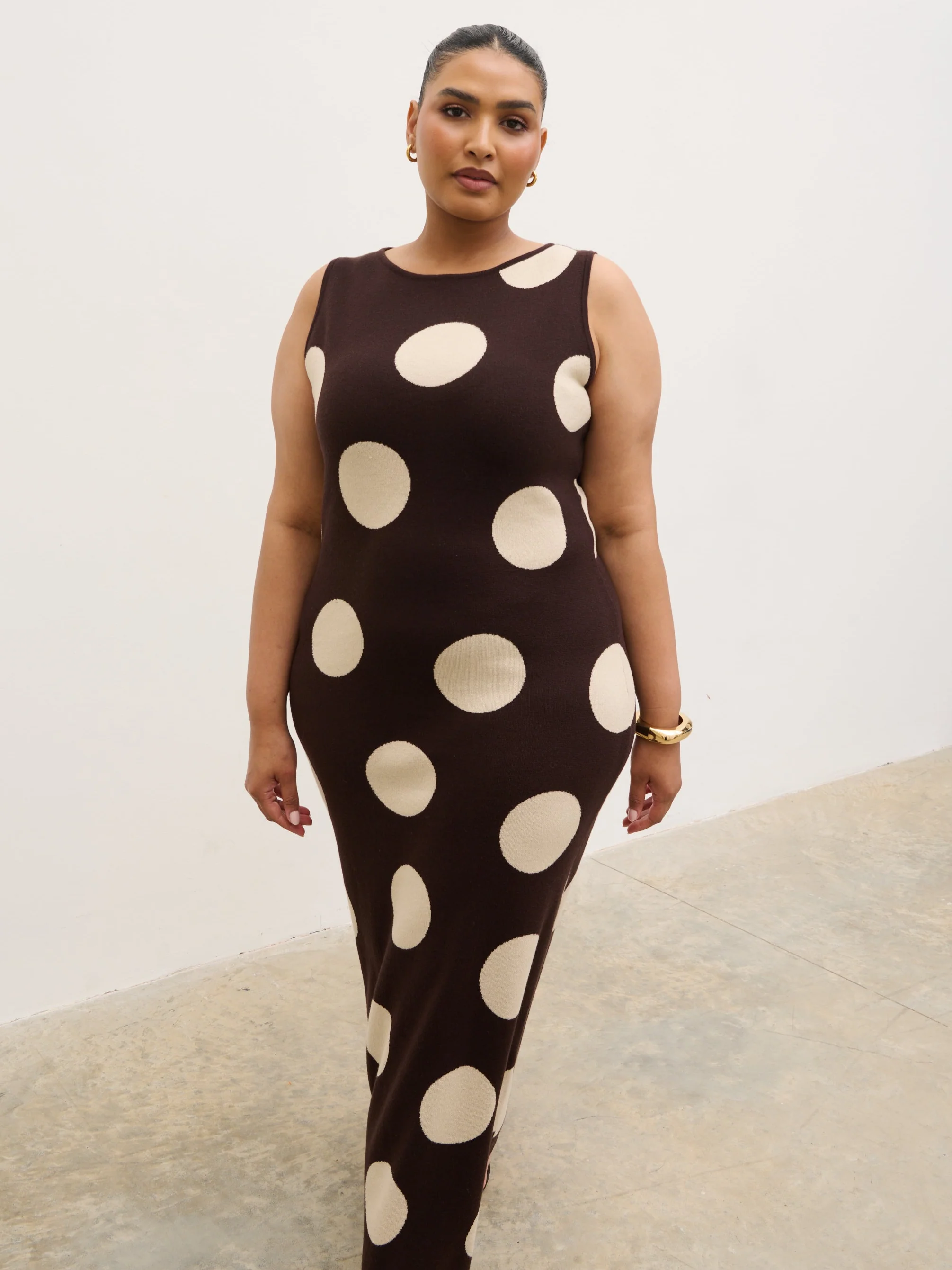 Sarover Polka Dot Maxi Knit Dress Curve - Chocolate and Cream
