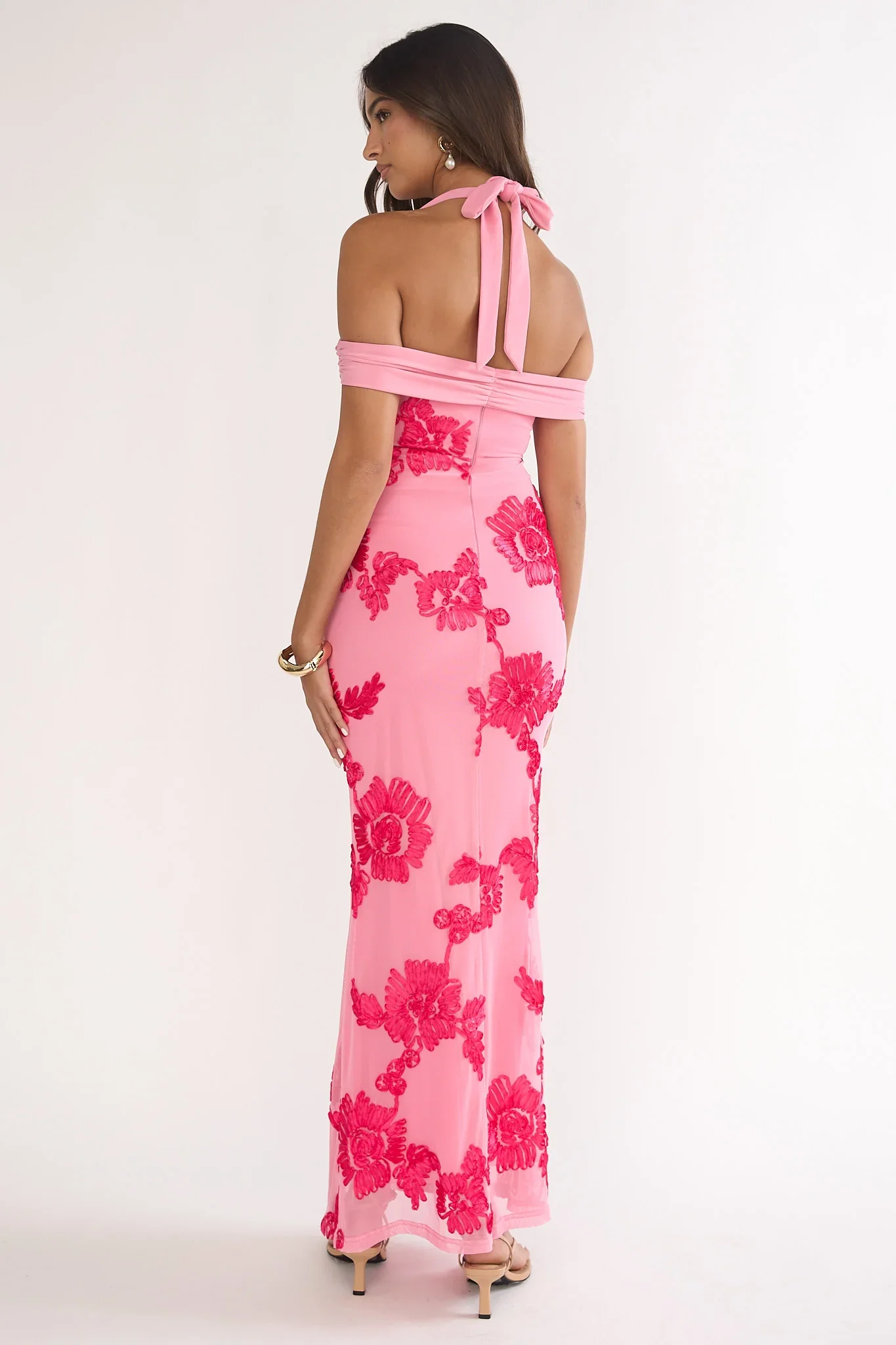 Fleurie Halter Off-Shoulder Maxi Dress Embellished Pink