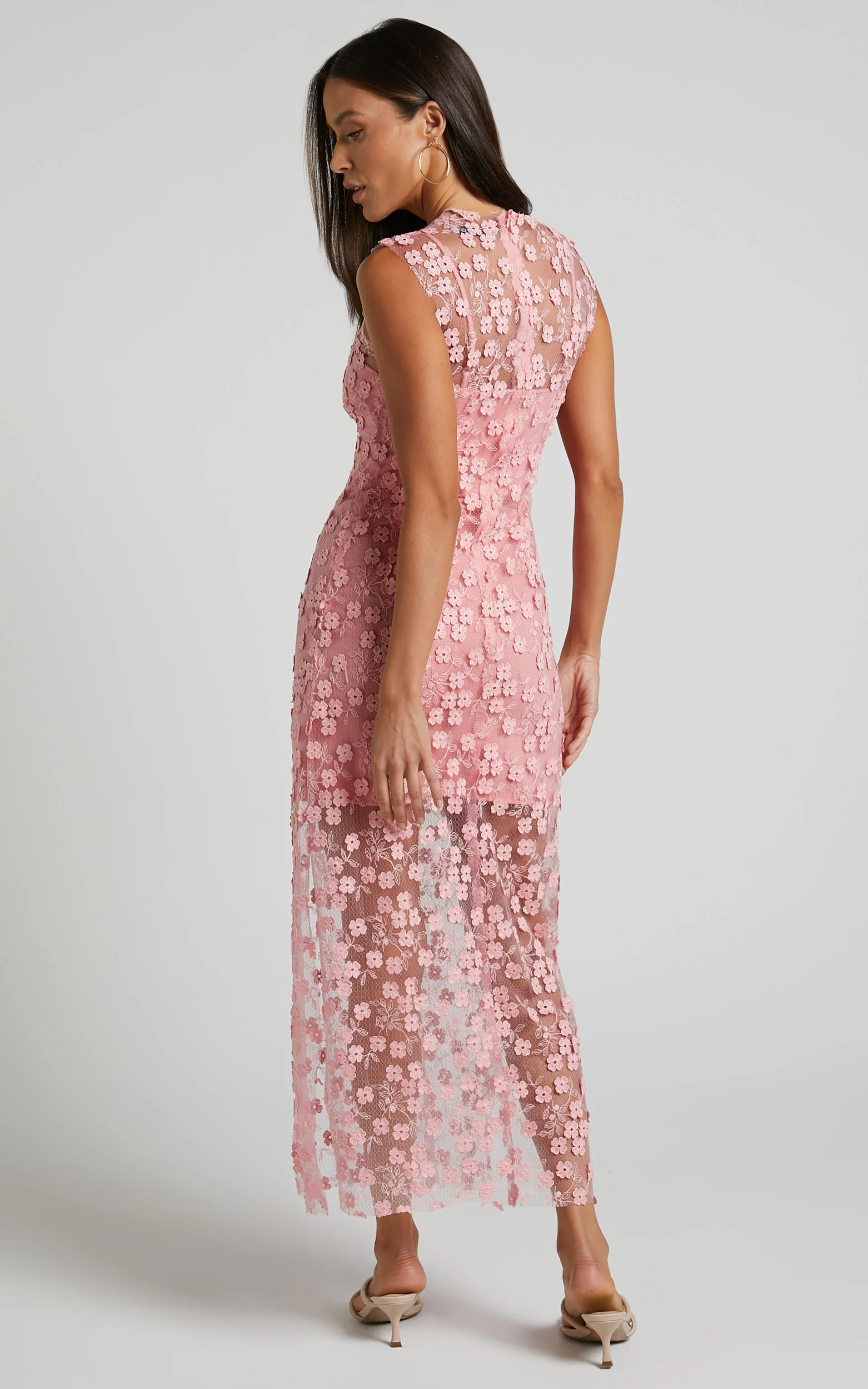 Hazel Midi Dress - 3D Flower Net Bodycon Dress in Pink