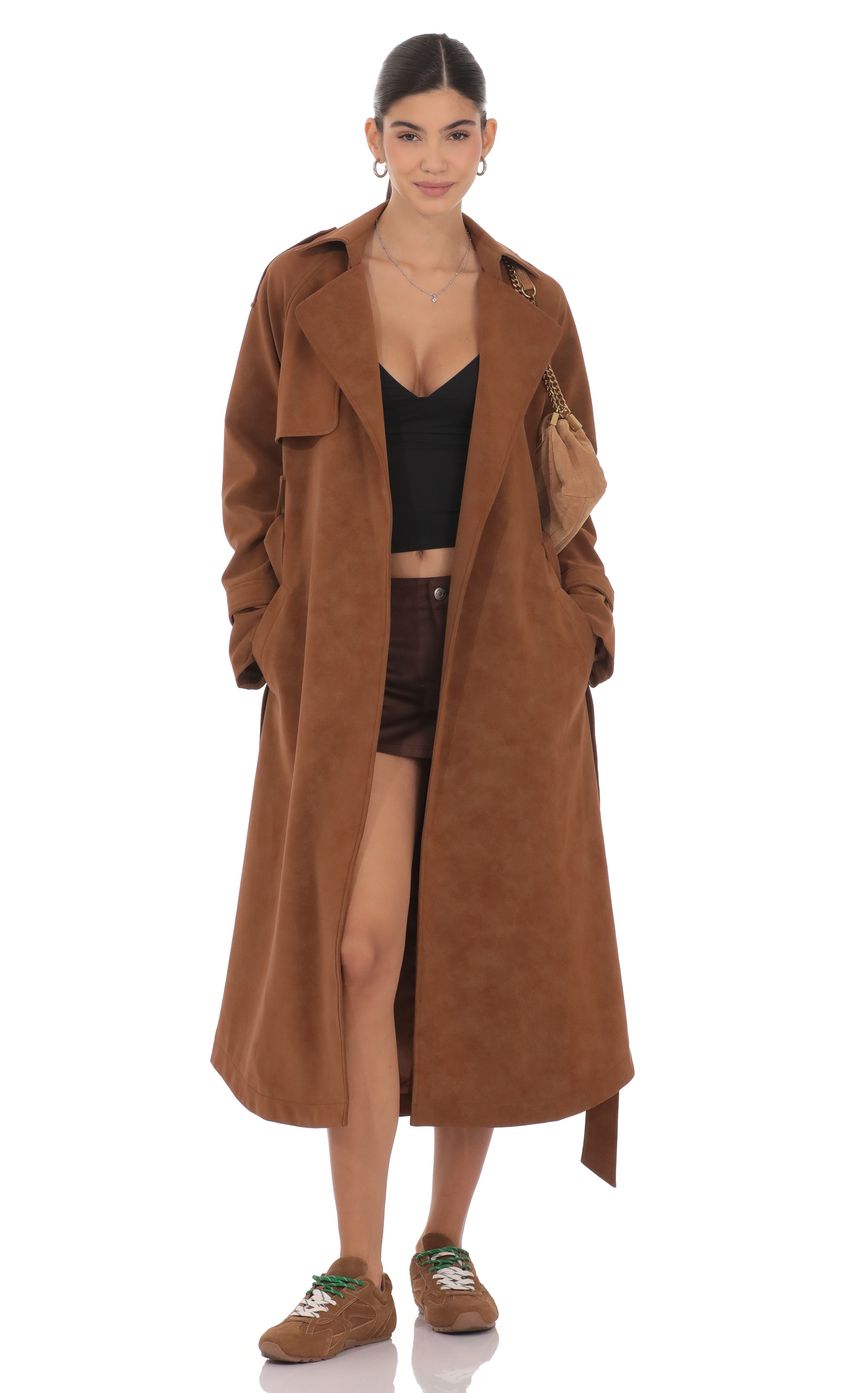 Faux Leather Trench Coat in Camel