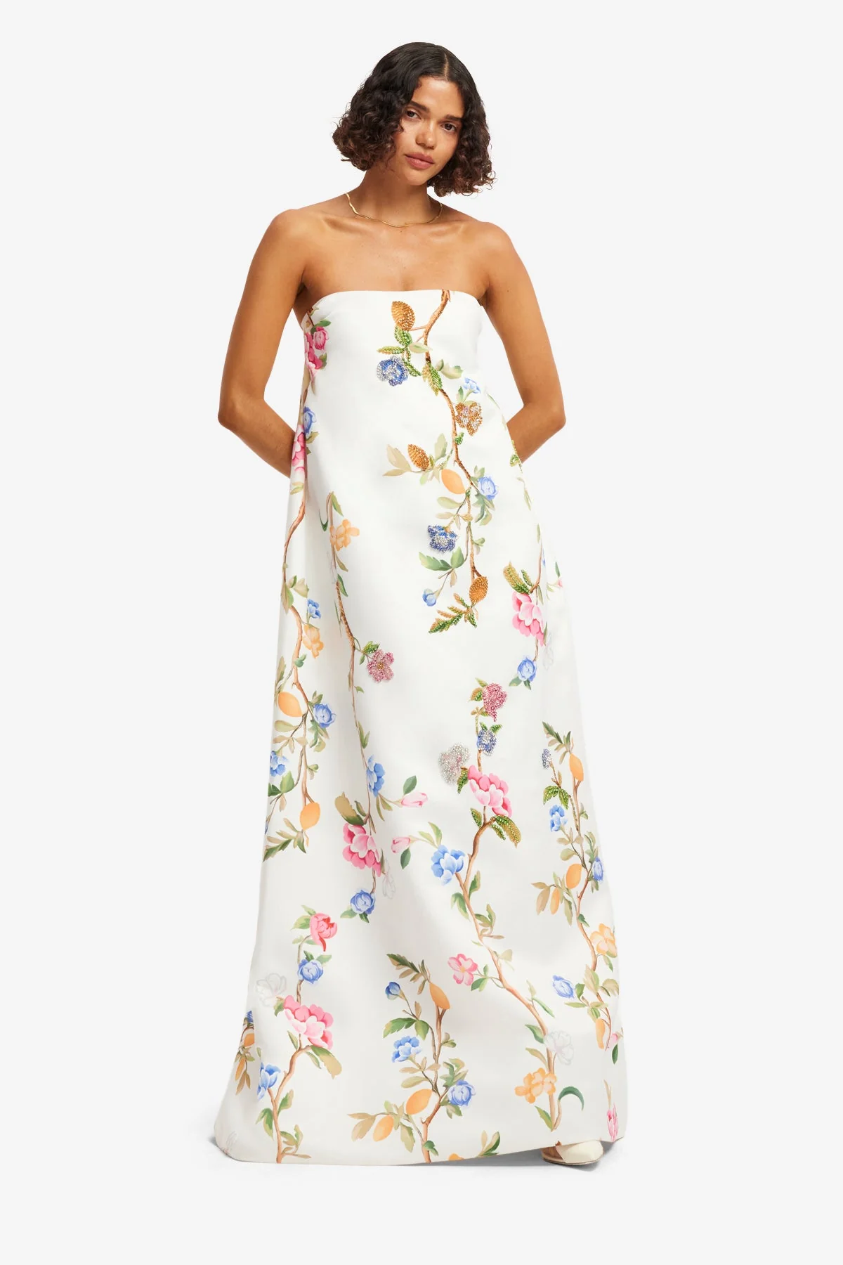 Phoebe Embellished Gown - Lemon Vine Print in Snow