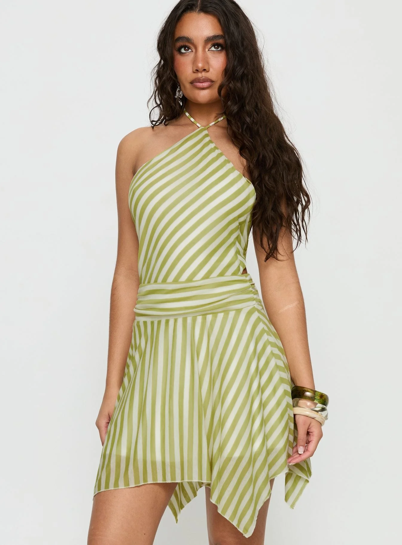 Sadana Arrowhead Asymmetrical Mini Dress Green Stripe