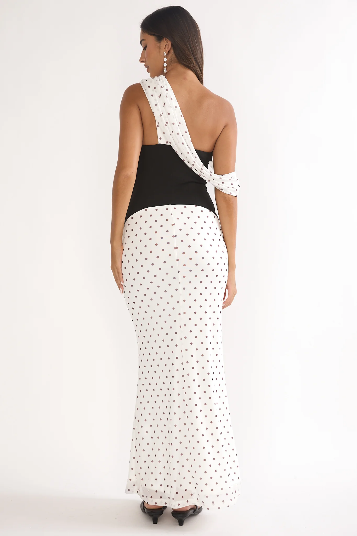 Milos Asymmetric Neckline Maxi Dress Polka Dot Brown