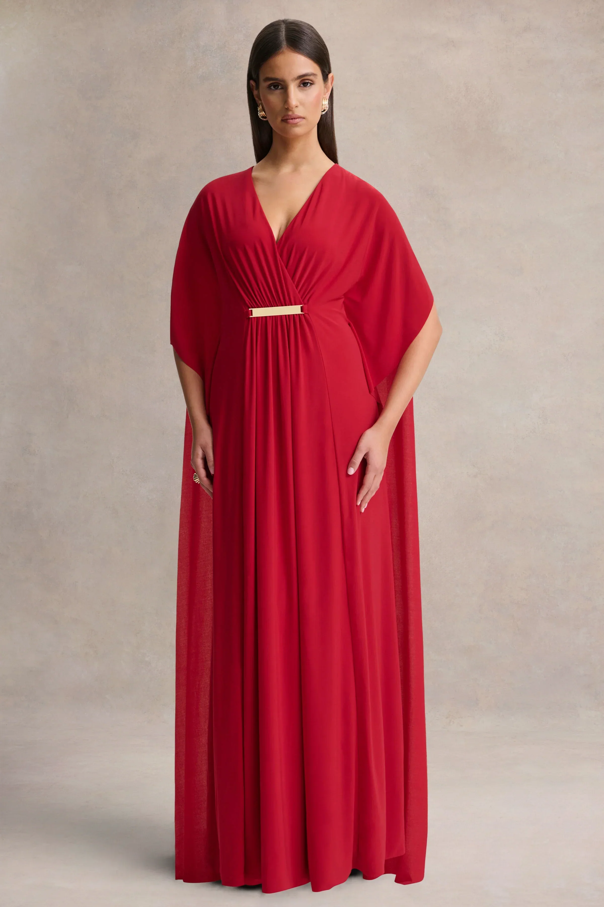 Romilly | Red Plunge-Neck Maxi Dress With Gathered Detail