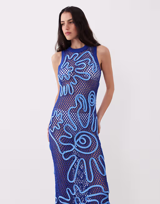open stitch cornelli pattern maxi dress in blue