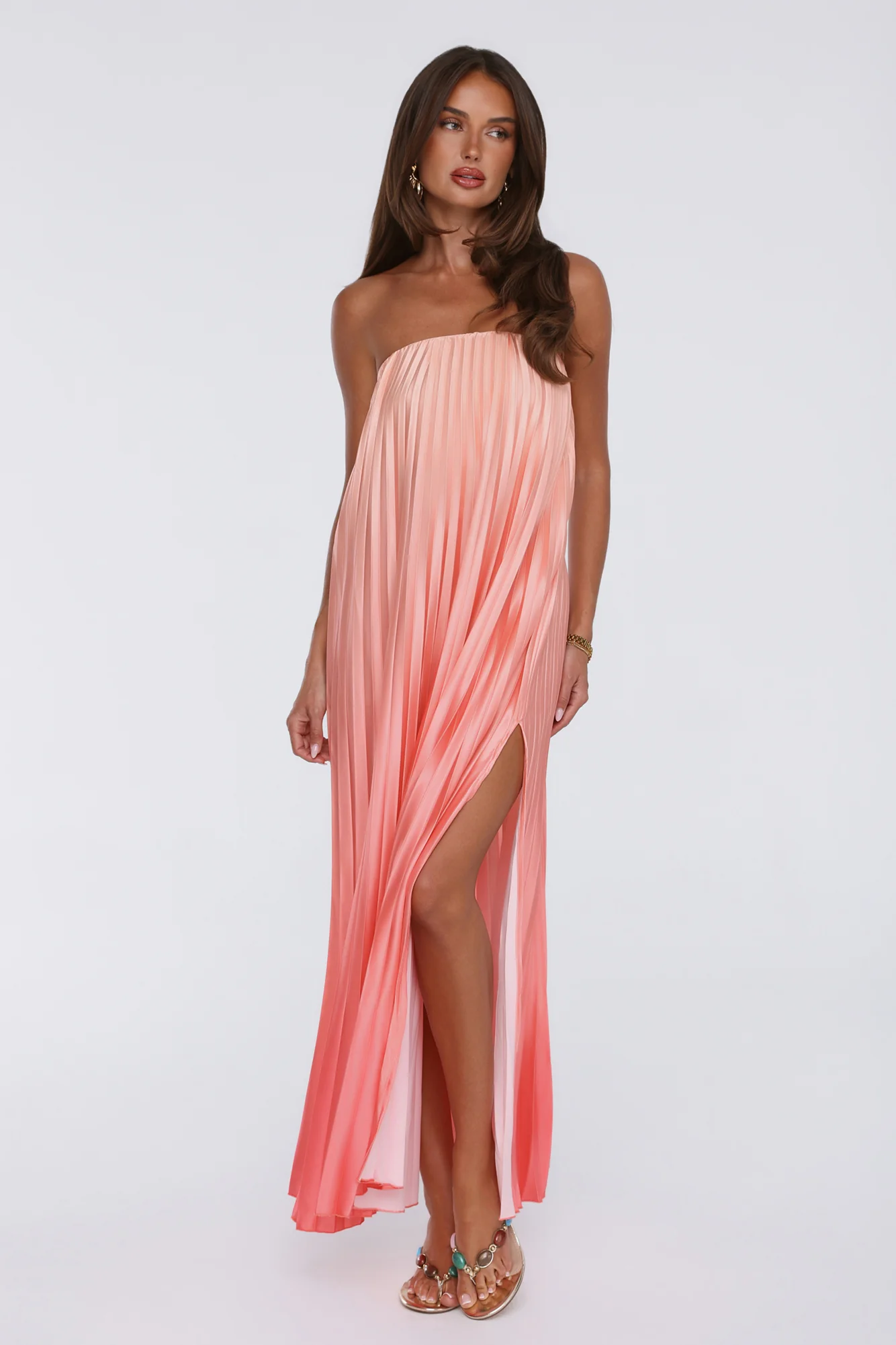 Warm Wishes Strapless Satin Pleated Maxi Dress Peach
