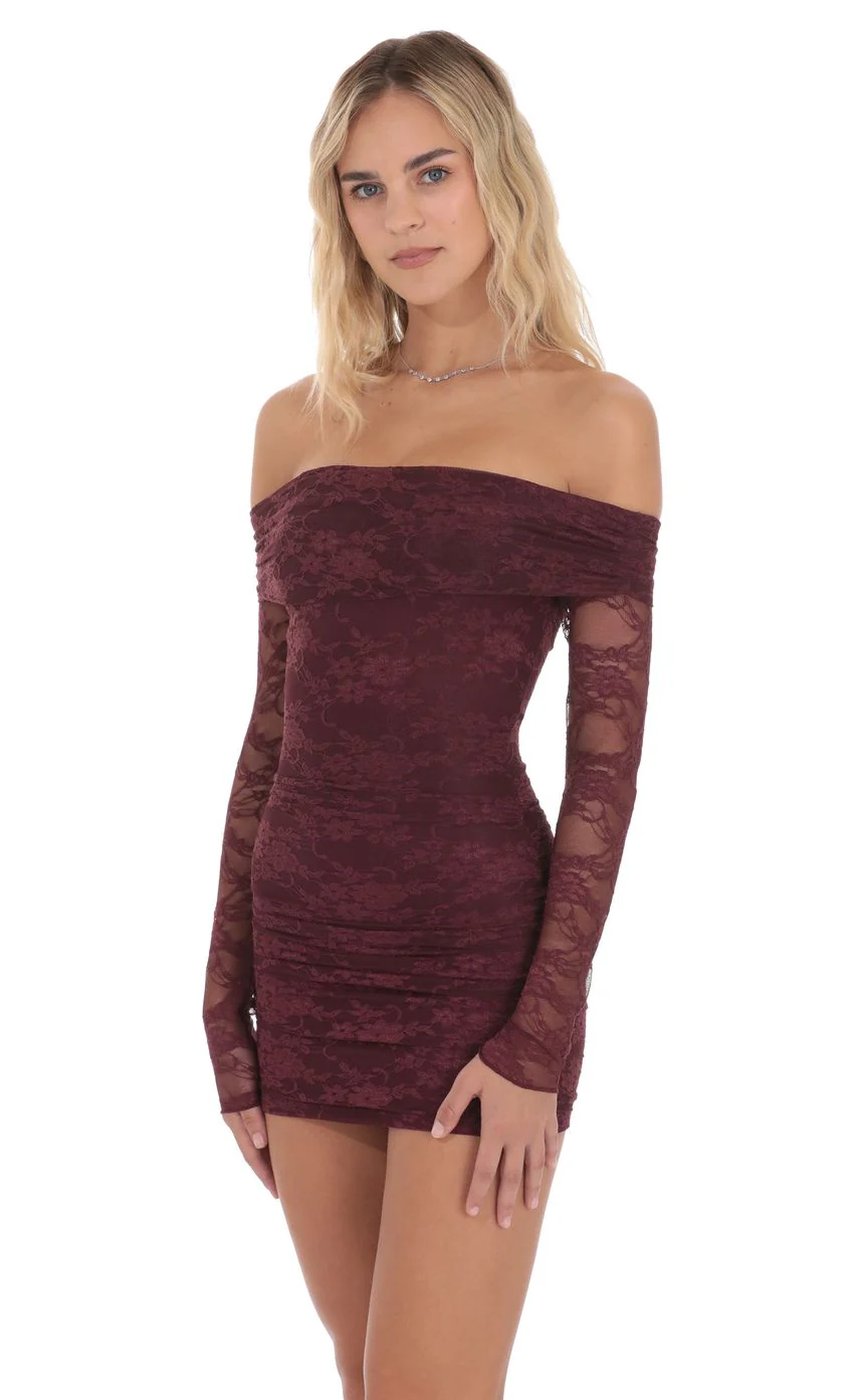 Off Shoulder Long Sleeve Lace Dress in Burgundy - luluinthesky