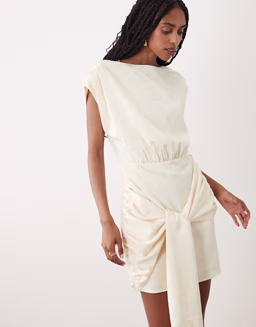 Pretty Lavish Hattie jacquard cap sleeveless fringe tie detail mini dress in cream
