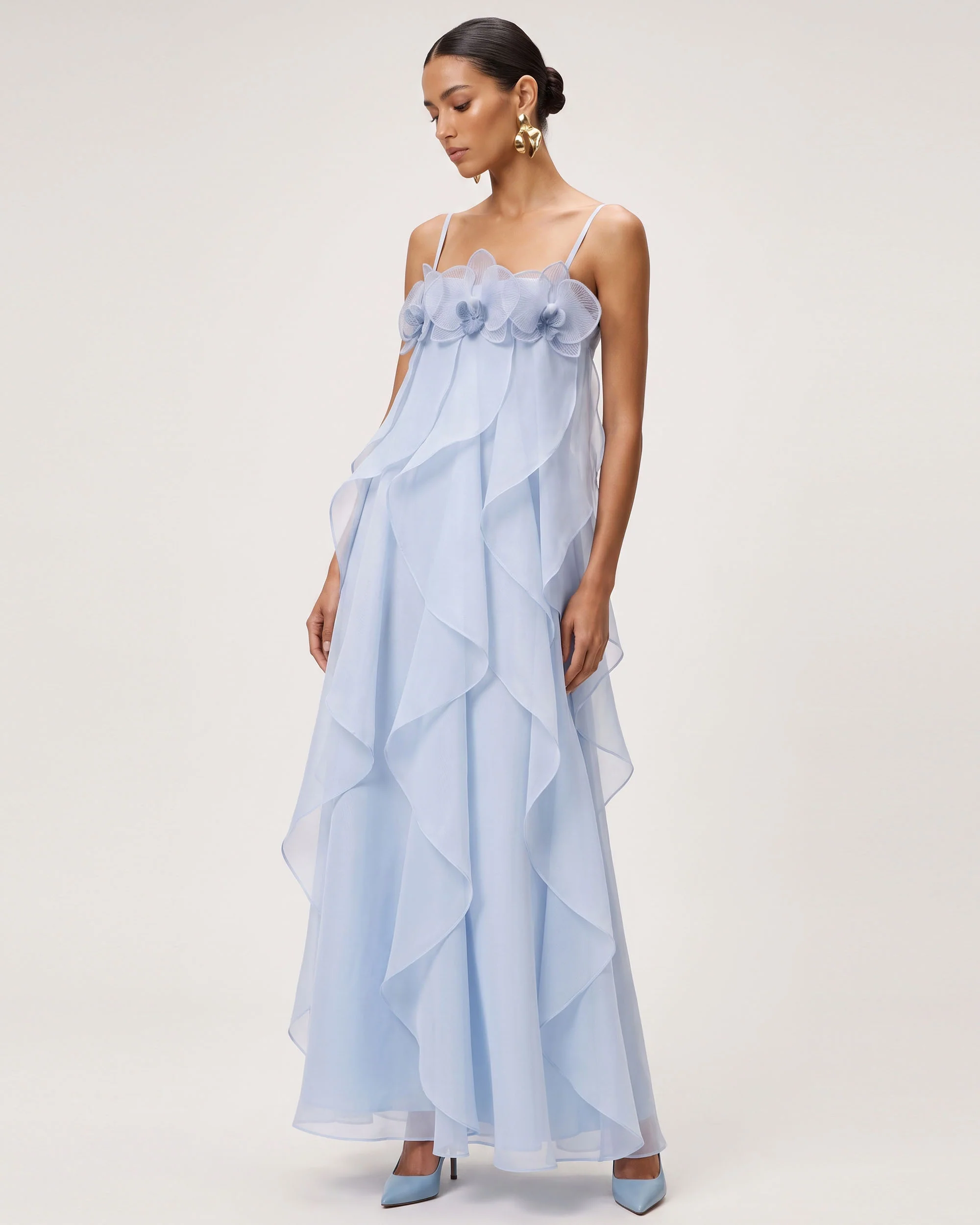 Orchid Embroidered Organza Maxi Dress - Light Blue