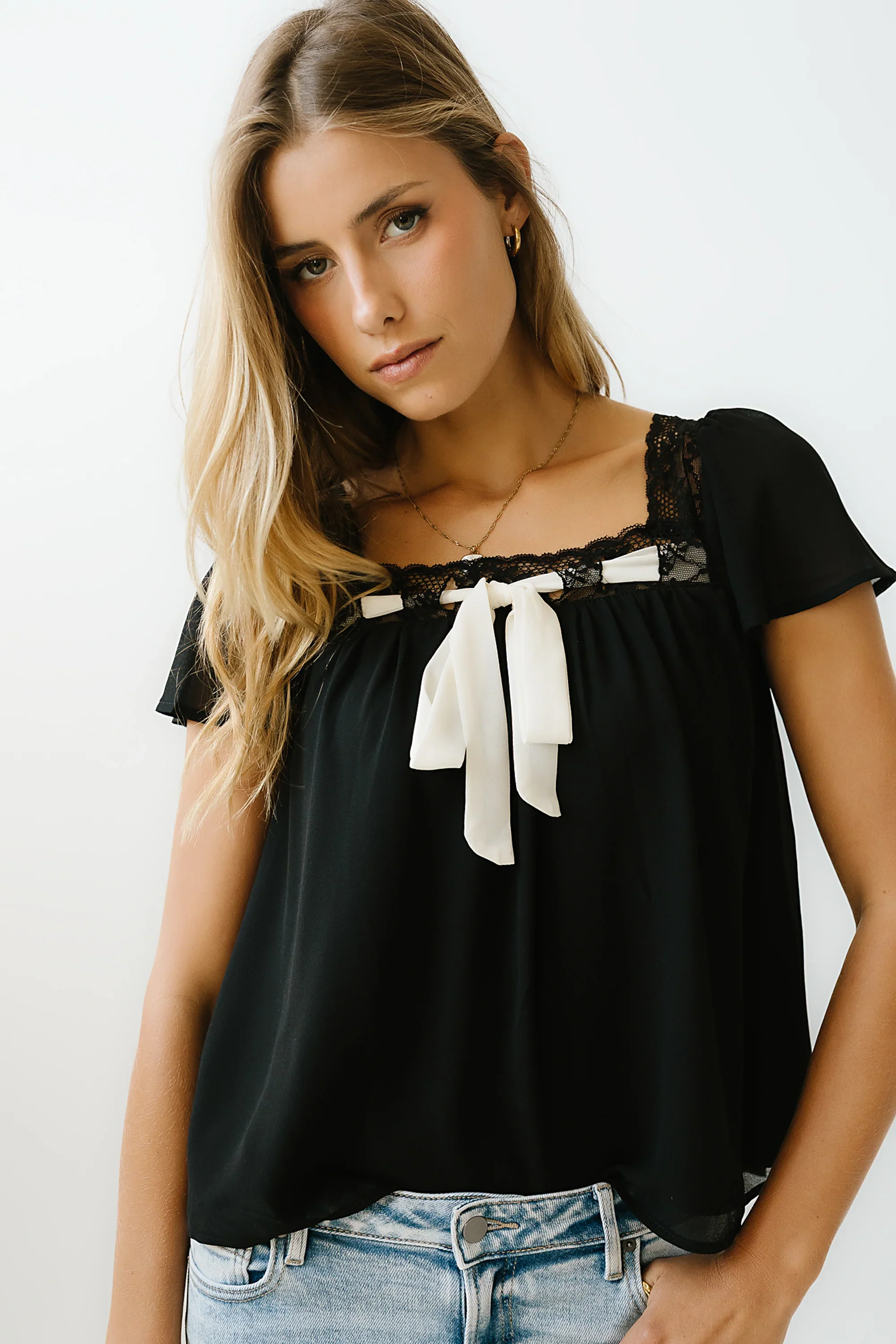 Gianna Lace Trim Blouse in Black