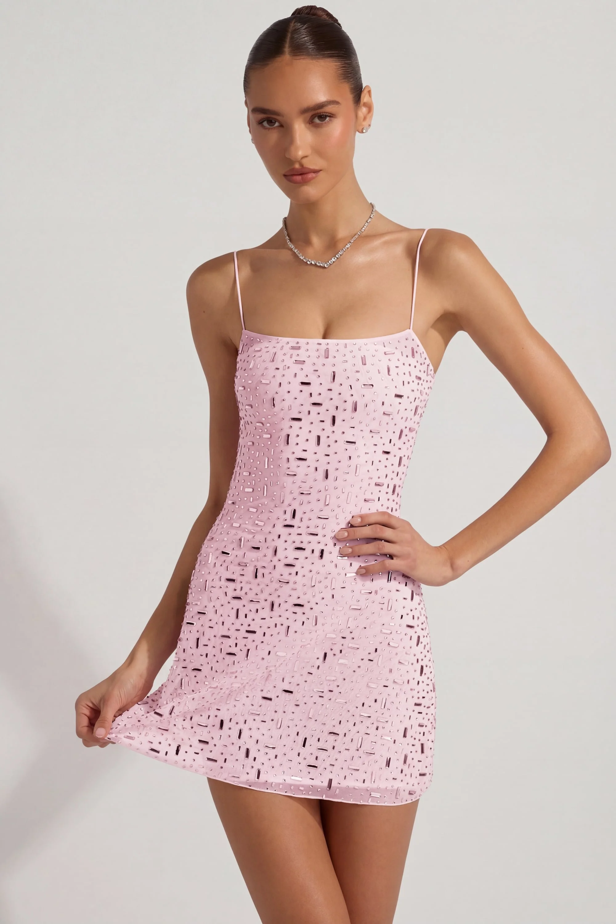 Sheer Embellished Square-Neck Mini Dress in Pink
