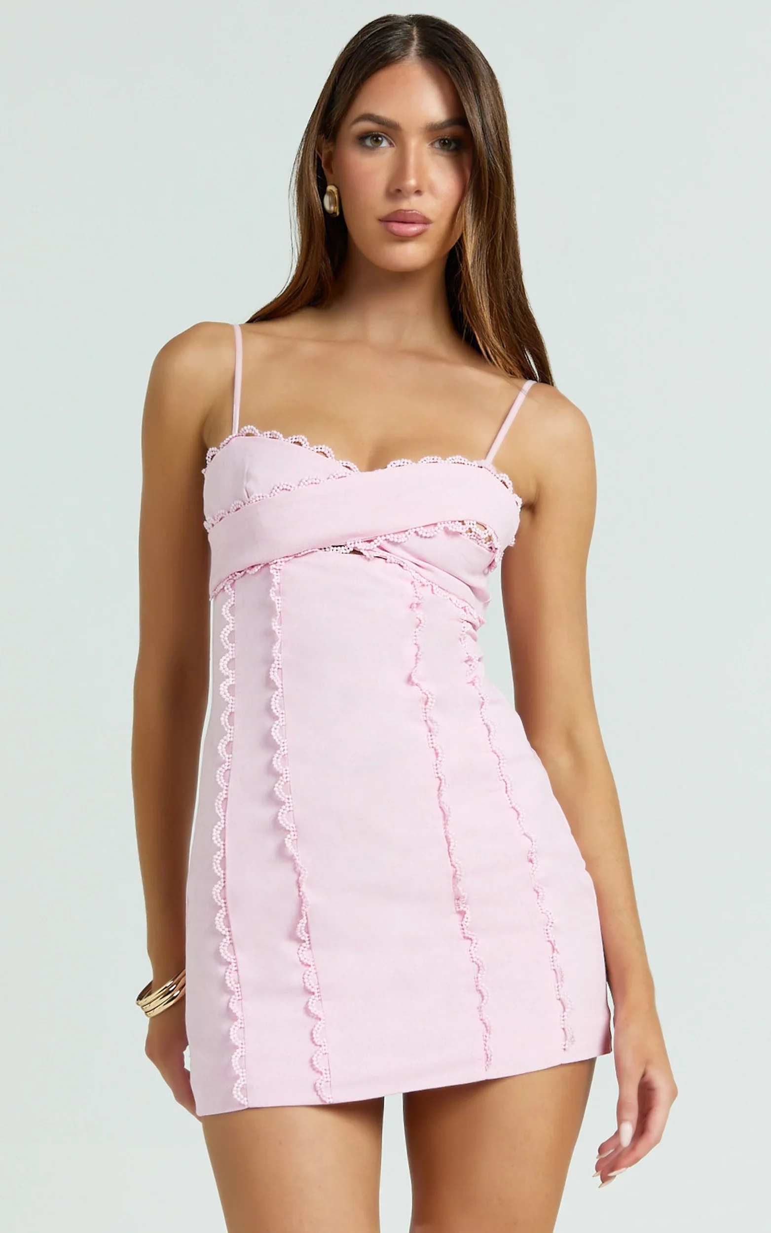 Gigi Mini Linen Blend Dress - Sweetheart Tie Back Scallop Detail Dress in Pink - luluinthesky
