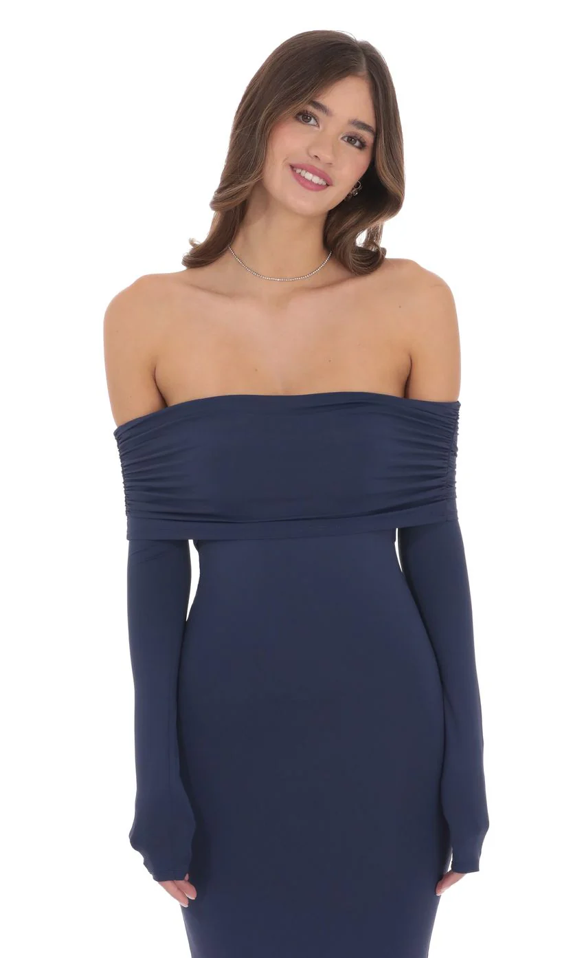 Off Shoulder Open Back Maxi Dress in Navy - luluinthesky