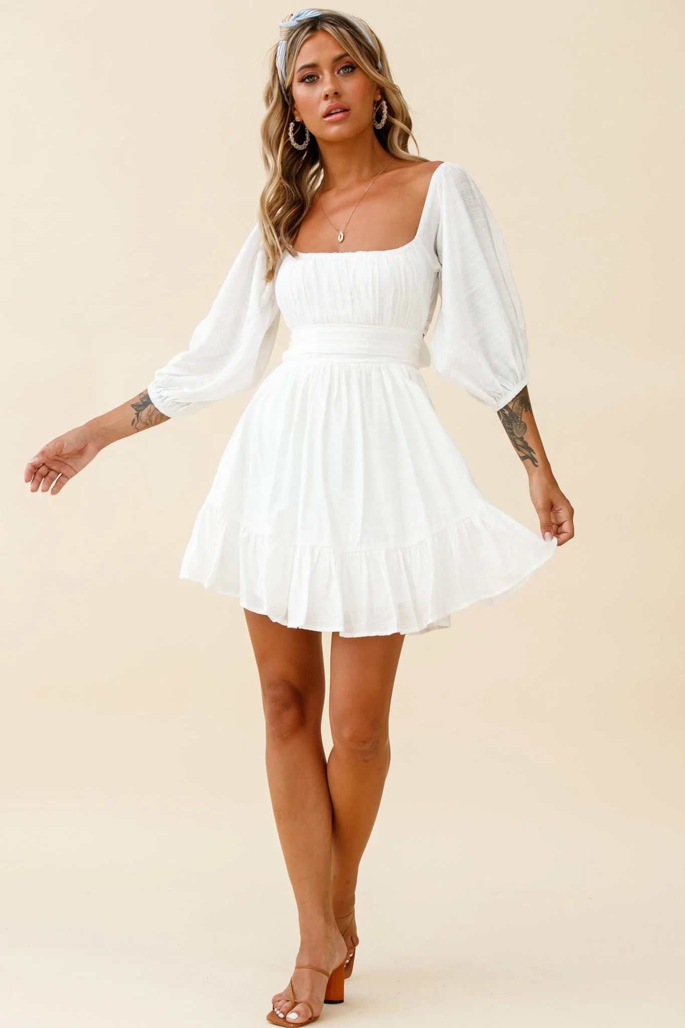 Abby Off-Shoulder Tie-Up Back Dress White - luluinthesky