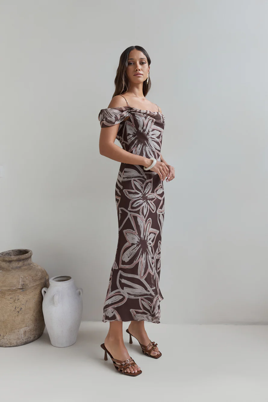 Desert Flower Off Shoulder Maxi Dress Brown