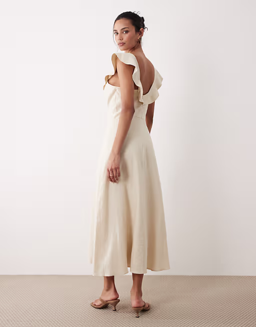 Mango linen mix midi dress with ruffle detail in cream