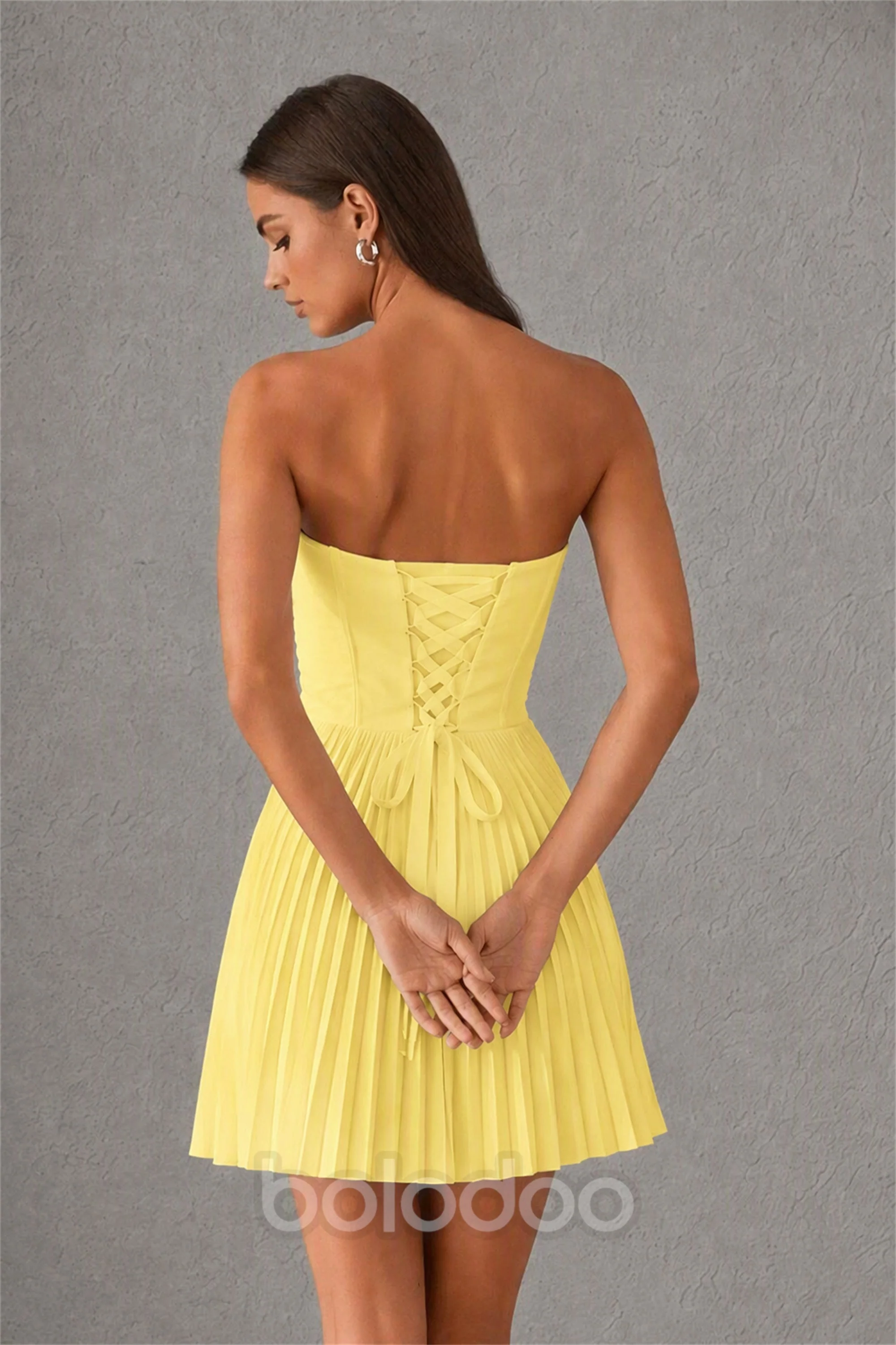 BOLODOO Yellow Strapless Sweetheart Pleated Corset Mini Dress with Lace-Up Back