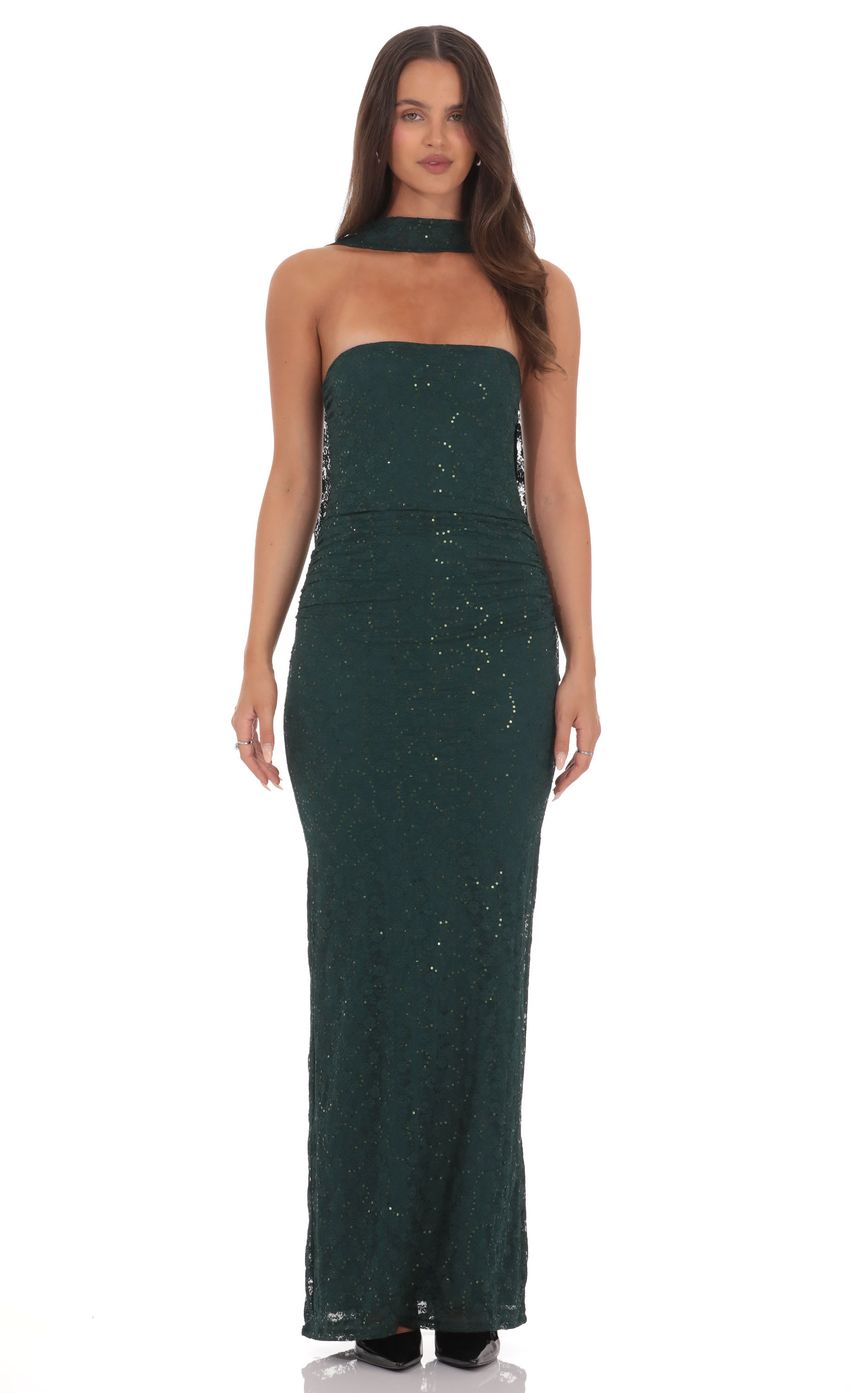 Sequin Scarf Lace Maxi Dress in Green