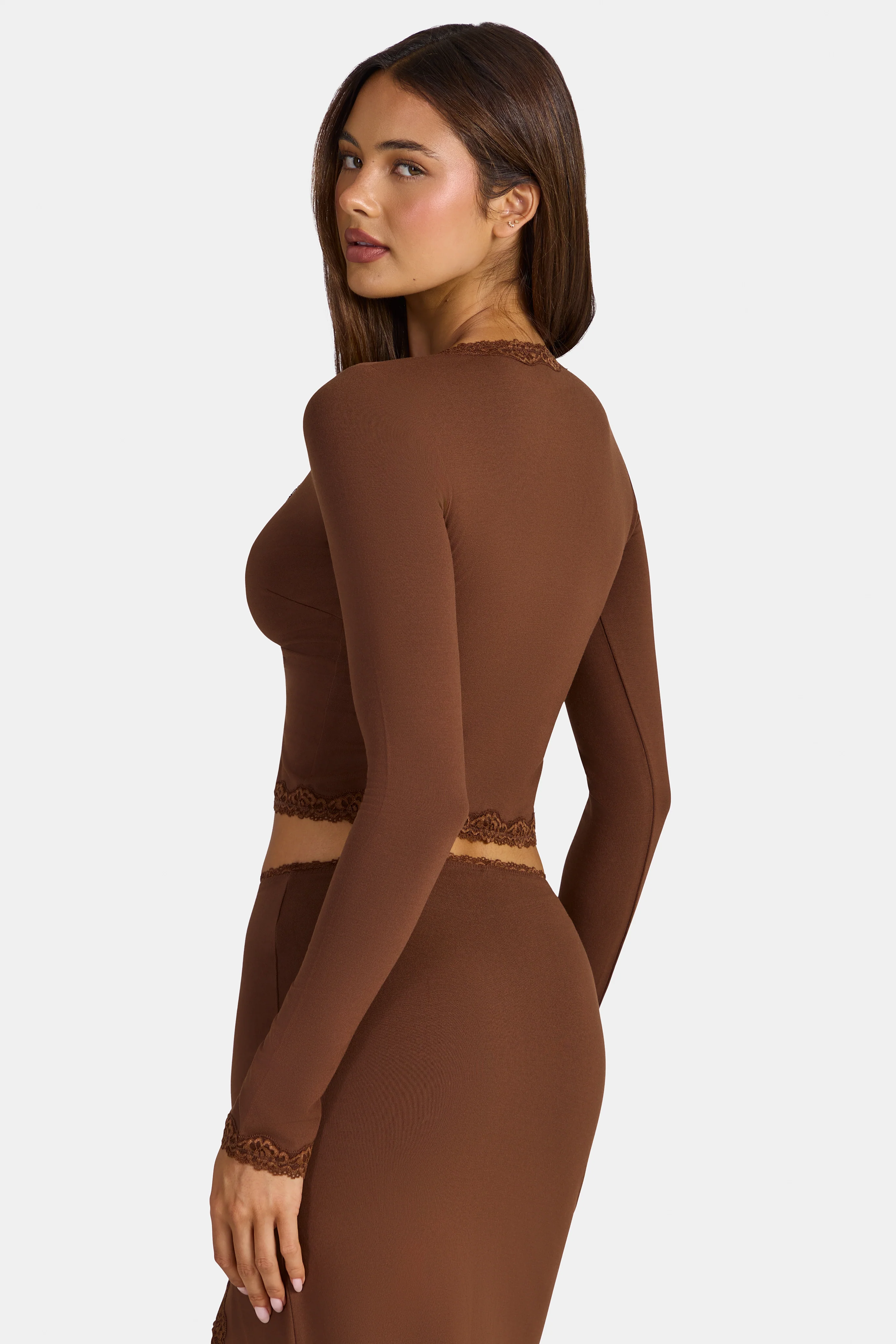 Modal Lace-Trim Cropped Cardigan  in Cocoa Brown