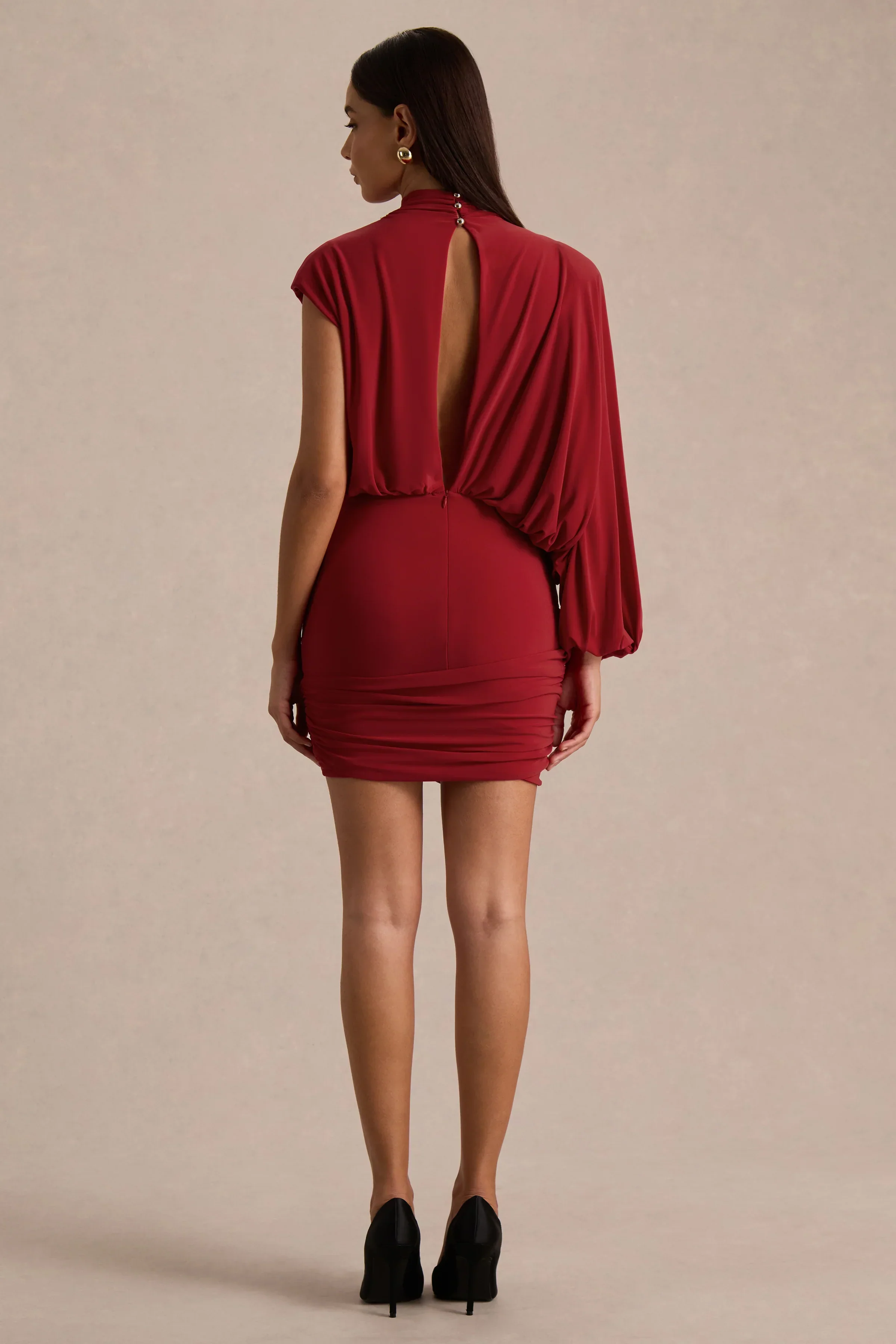 Zelda | Red High-Neck Mini Dress With One-Long Sleeve And Twisted Detail