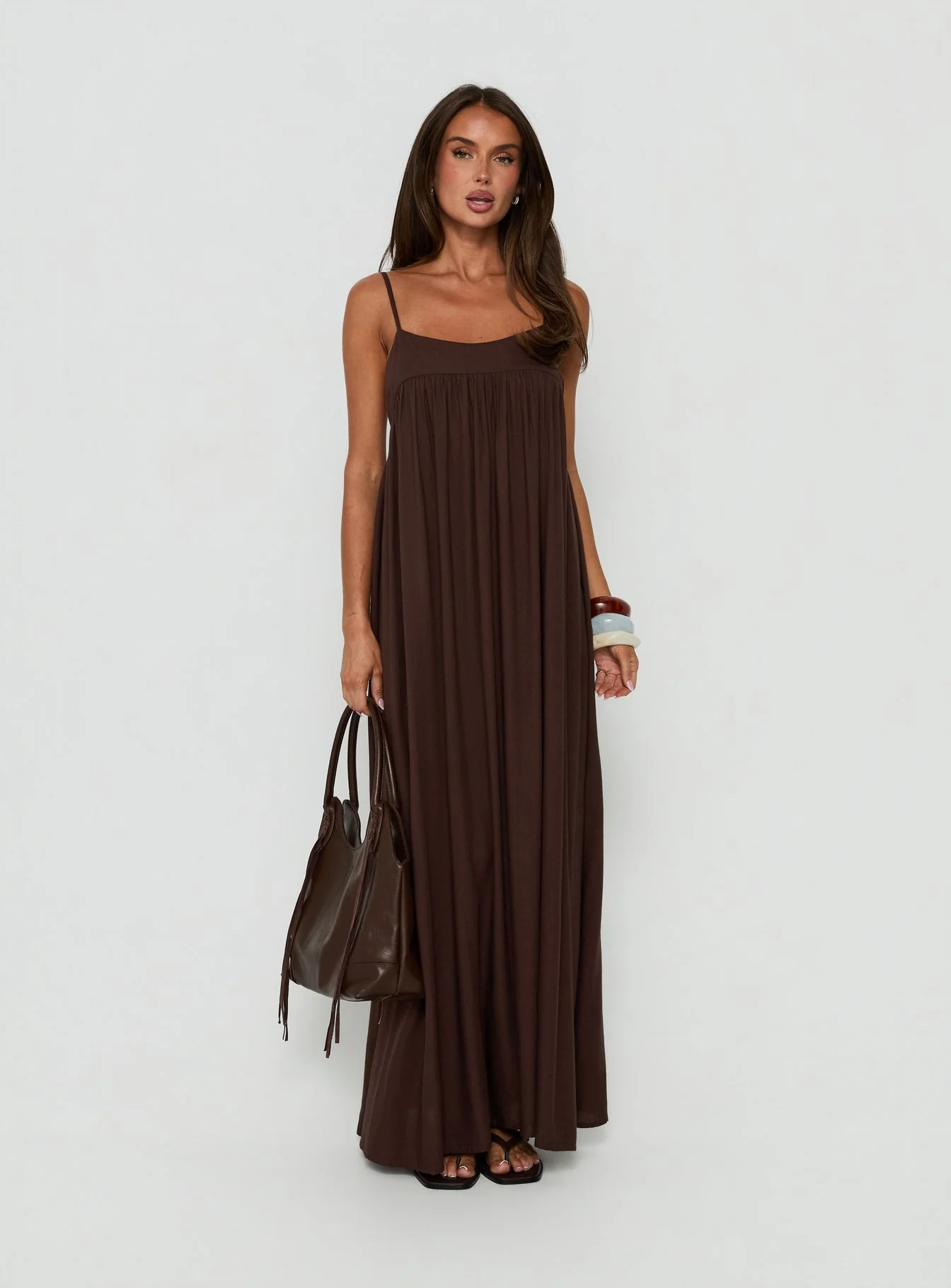 Wildah Linen Smock Maxi Dress Brown - FASHION NOB