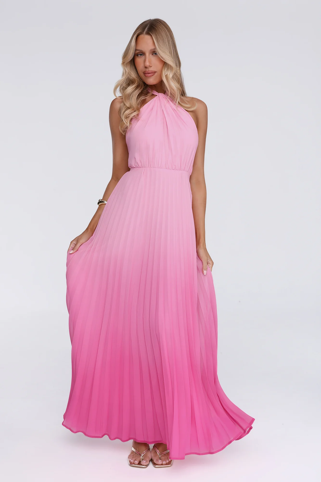 Flirt Fest Halter Pleated Maxi Dress Pink